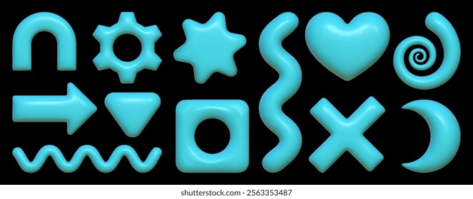 Set of playful 3D figures in mint color. Inflated shapes in the shape of a star, heart, wave, arrow with a plastic texture of the Y2K aesthetic.