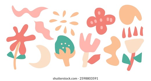 Set of playful abstract doodle shapes sticker pack in childish style. colorful flat hand drawn funky figures for kid with floral clipart, leaves, flowers, lines and stars. Element vector illustration.