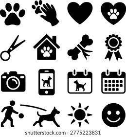 Set of playful and affectionate dogthemed icons featuring paw prints hearts and activity symbols