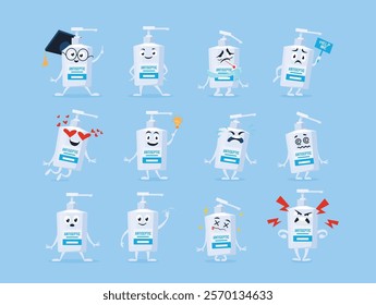 A set of playful antiseptic characters that display a range of emotions and actions. Each character has a unique style, adding charm to the concept of cleanliness and safety.