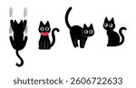 set of playful black cat characters vector, scratching on the wall, sitting , wearing red bow, standing and looking illustration