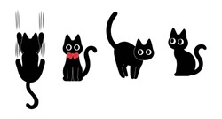 set of playful black cat characters vector, scratching on the wall, sitting , wearing red bow, standing and looking illustration