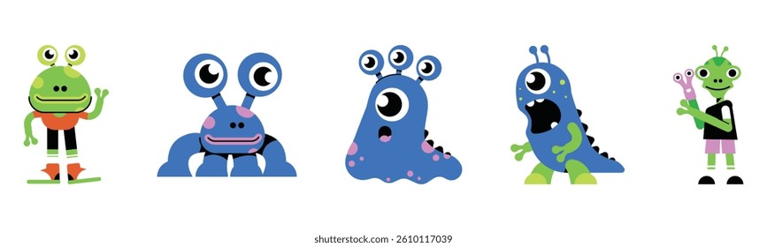 A set of playful cartoon aliens, each distinct in design and color with their cheerful expressions