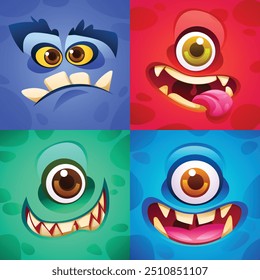 Conjunto de caras de monstruos de dibujos animados juguetones con ojos grandes y expresiones divertidas. Vector ilustración de dibujos animados