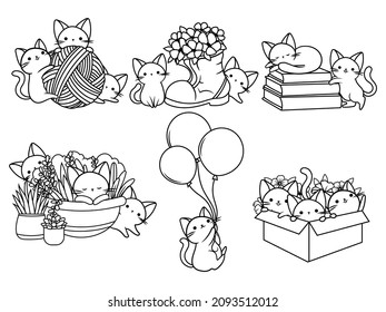 Set of playful cat. Collection of various cute kittens with balls, in a flower box, a skein of thread, etc. Pet lover. Vector illustration for holiday cards.