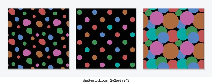 Set of playful circles seamless printable patterns. Pop up polka dots on black ground ideas for textile, wall paper, flyers, backgrounds, postcards, home decor. Vector illustration.
