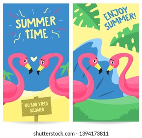 A set of playful colored summer themed poster with two flamingo facing each other
