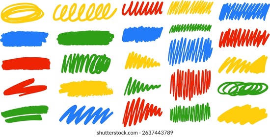 Set of playful crayon scribbles and colorful marker doodles in red, blue, green and yellow for creative and fun design use. Vector EPS 10