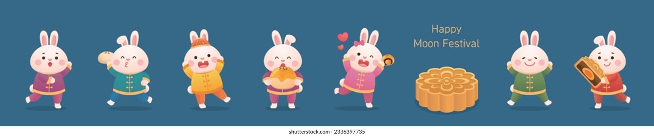 A set of playful, cute and funny rabbit mascots and traditional Chinese pastry mooncakes