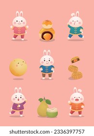 A set of playful and cute rabbit mascots and various elements of the traditional Chinese festival Mid-Autumn Festival, moon cakes and pomelo