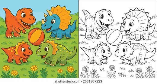 A Set of Playful Dinosaur Friends Coloring Set Cute Dino Trio with Ball (Color and Outline Versions)