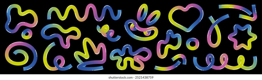 A set of playful doodle elements made from gradient ribbon. Futuristic elements with 3D effect for the design of a holiday poster, poster.