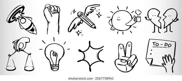 Set of playful doodles: rocket, fist, pencil, sun, broken heart, scales, light bulb, star, peace sign, to-do list. Black and white sketches, fun and creative. Hand drawn vector set.