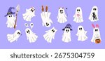 Set of playful ghosts in various costumes. Isolated flat illustrations with cute flying phantoms. Vector childish elements for Happy Halloween designs and stickers. Trick or Treat clipart bundle