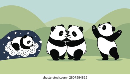 Set of playful giant panda characters showing a sleeping panda in a night cave, a hugging couple, and a dancing panda.