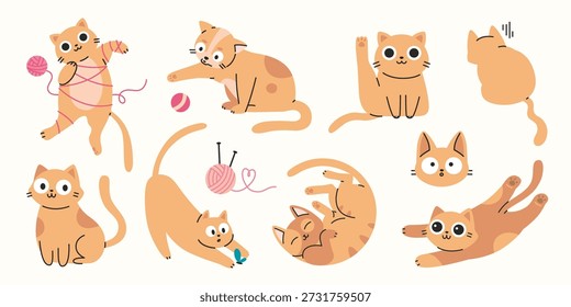 Conjunto de gatos de gengibre brincalhão em diferentes poses e ações. Moderna ilustração vetorial isolado no fundo branco, desenhado à mão, design plano