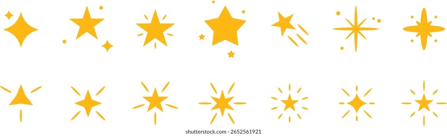 Conjunto de brincalhão brilho dourado e ícones de estrela cintilante com efeitos de movimento em estilo vetor plano para gráficos de UI mágicos e decorativos