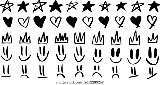 Set of playful hand-drawn icons: stars, hearts, crowns, smiley faces, and sad faces. Ideal for creative design, decoration, or informal presentations. Vector EPS 10