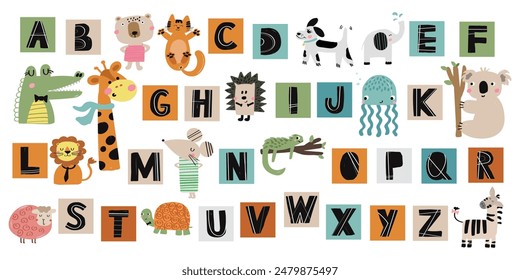 set of Playful letters. hand drawn Typography. Font For Kids And Games. Vector alphabet letters set, colorful script with animals. Perfect for happy birthday design in childish style, for school