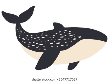 Set of playful, minimalist vector whale illustrations in muted gray and beige, with rosy cheeks, spots and stripes. Ideal for children’s books, nursery decor, ocean-themed branding and web graphics.
