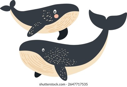 Set of playful, minimalist vector whale illustrations in muted gray and beige, with rosy cheeks, spots and stripes. Ideal for children’s books, nursery decor, ocean-themed branding and web graphics.