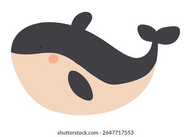 Set of playful, minimalist vector whale illustrations in muted gray and beige, with rosy cheeks, spots and stripes. Ideal for children’s books, nursery decor, ocean-themed branding and web graphics.