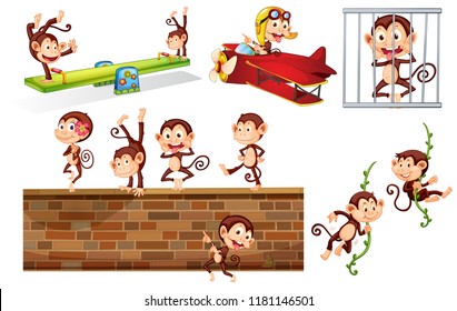 A set of playful monkey illustration