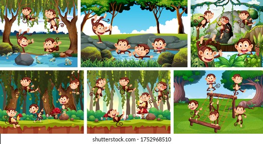 Set of playful monkey in nature background illustration