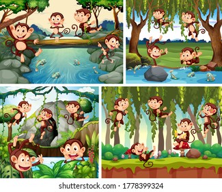 Set of playful monkey in nature background illustration