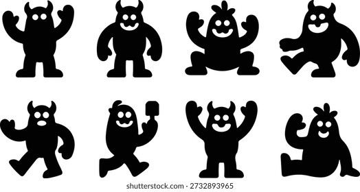 Conjunto de siluetas de monstruos juguetones en poses dinámicas