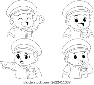 A set of playful outline doodle vectors featuring children dressed in police and military uniforms. Ideal for patriotic projects, educational materials, or community safety campaigns
