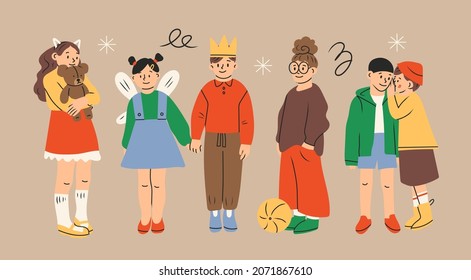 Set of playful preteen children in trendy casual clothes. Group of cool kids standing together. Different outfit. Modern fashion look. Hand drawn Vector illustration. Flat design. Cartoon trendy style