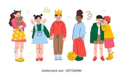 Set of playful preteen children in trendy casual clothes. Group of cool kids standing together. Different outfit. Modern fashion look. Hand drawn Vector illustration. Flat design. Cartoon trendy style