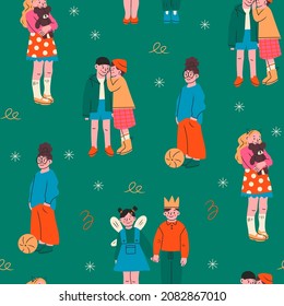 Set of playful preteen children in trendy casual clothes. Group of cool kids are standing. Different outfit. Modern fashion look. Hand drawn Vector seamless Pattern. Cartoon trendy style