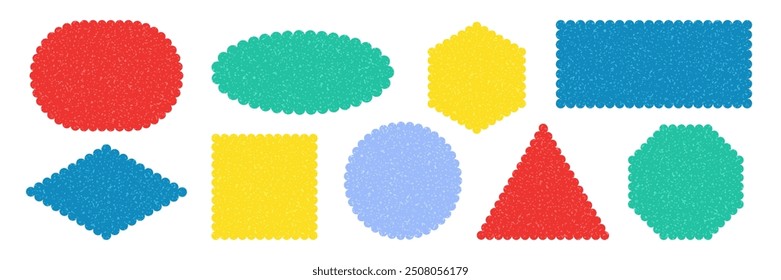 Set of playful scalloped geometric Shapes. Frames stickers with scratched grainy texture. Tag Label Stamp Text Box element. Rectangle Oval Square Triangle rhombus Border for kids Design