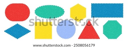 Set of playful scalloped geometric Shapes. Frames stickers with scratched grainy texture. Tag Label Stamp Text Box element. Rectangle Oval Square Triangle rhombus Border for kids Design