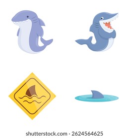 Set of playful shark cartoons and a shark warning sign, perfect for educational and fun projects