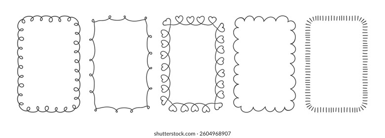 Set of playful Simple vertical scribble frames. Doodle Black line art decorative rectangle frame collection. Template for invitation, poster, card, scrapbook, product label, Child creative design