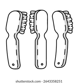 Set of playful toothbrushes in dynamic line art style with stippling shadows. Hand drawn black contour sketches for dental branding