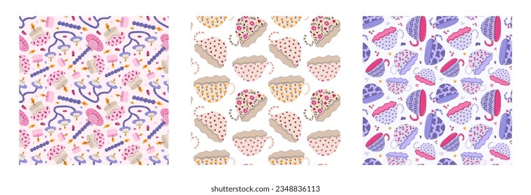 Set of playful utensil seamless patterns with doodle in pink color. Romantic print with colorful pottery, hand-made ceramics, kitchen tableware, cute cup, plate, candlestick. Creative wallpaper print