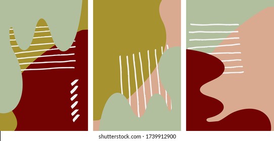 Set of playful vector cover design template.Applicable for placards, brochures, posters, covers and banners. Abstract fluid shapes with greey, salmon, redcolors