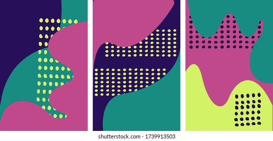 Set von spielerischem Vektordeckendesign.Gilt für Plakate, Broschüren, Plakate, Cover und Banner. Abstrakte flüssige Formen mit türkisfarbenen, rosa Farben