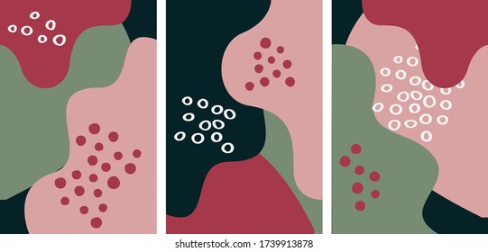 Conjunto de plantillas de diseño de portada vectorial lúdica.Aplicable a carteles, folletos, carteles, cubiertas y banners. Resumen de formas fluidas con colores verde, rosa y púrpura