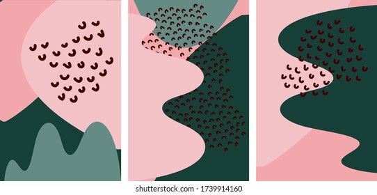 Set of playful vector cover design template.Applicable for placards, brochures, posters, covers and banners. Abstract fluid shapes with rose, green colors