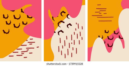Set of playful vector cover design template.Applicable for placards, brochures, posters, covers and banners. Abstract fluid shapes with pink, orange, white colors