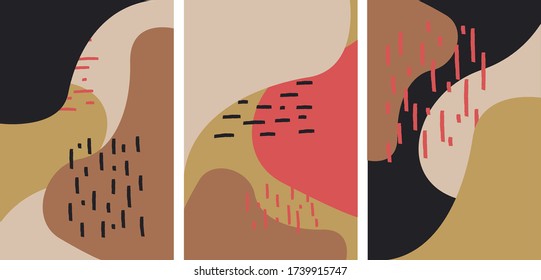 Set of playful vector cover design template.Applicable for placards, brochures, posters, covers and banners. Abstract fluid shapes with brown, grey, pink colors