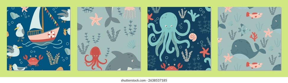 A set of playful vector illustrations depicting vibrant marine life scenes with cheerful fish, colorful octopuses, happy whales and animated seabirds on bright background.