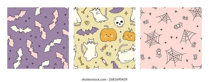 Set of playful and whimsical Halloween vector seamless patterns with cute smiling ghost cats, pumpkins, bats, skulls and spiders. Spooky endless background collection with funny characters