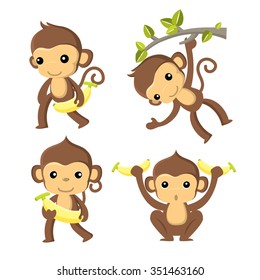 set of playful wild monkeys on a white background