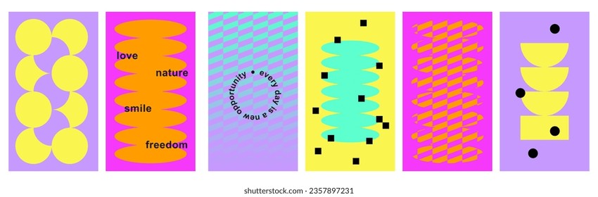 Set of playful Y2k backgrounds for screens or stories. Funny geo pattern and funky typography. Neo brutalism. Retro futurism, glitch, abstract shapes, naive simple elements, Vaporwave 70s, Cyber Neon 